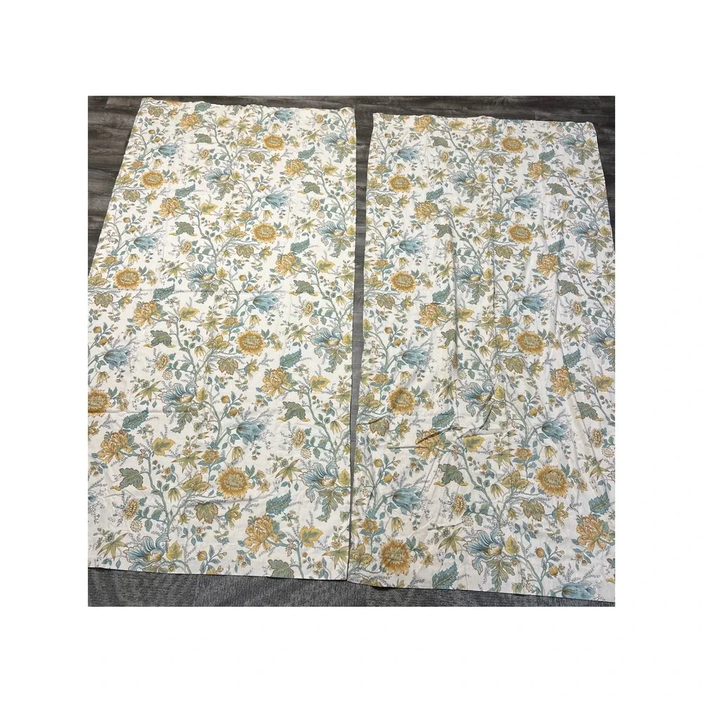 Pottery Barn Floral Linen Cotton Lined Curtain Panels Yellow Teal 50x96 Set of 2
